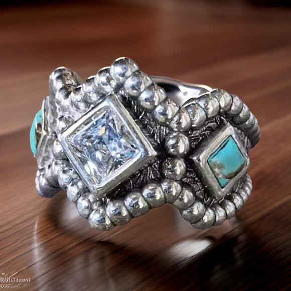 New Sz 6 Turquoise Silver Native Cubic Zirconia Tribal‎ Geometric Ring Cocktail - Picture 1 of 7